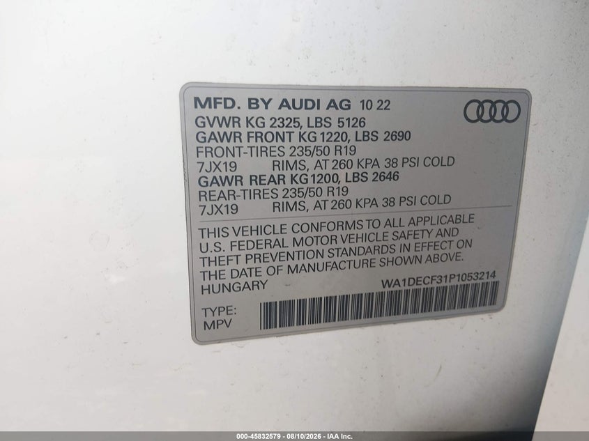 AUDI Q3 2023 VIN WA1DECF31P1053214