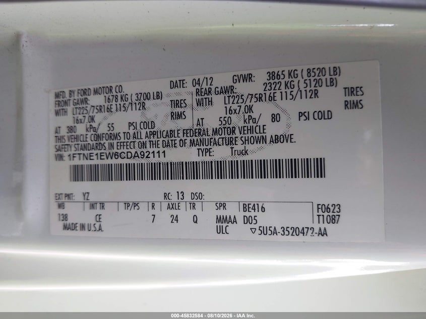 FORD E-150 2012 VIN 1FTNE1EW6CDA92111