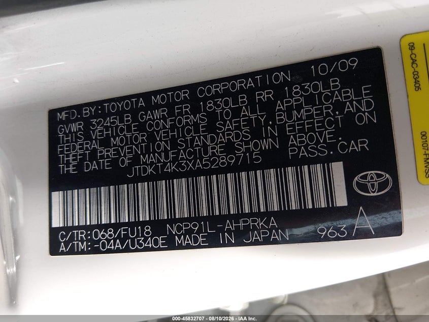 TOYOTA YARIS 2010 VIN JTDKT4K3XA5289715