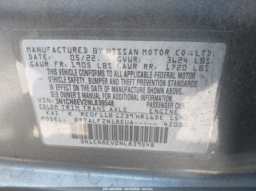 2022 NISSAN VERSA SEDAN 1.6L I-4 DOHC, VVT, 122HP