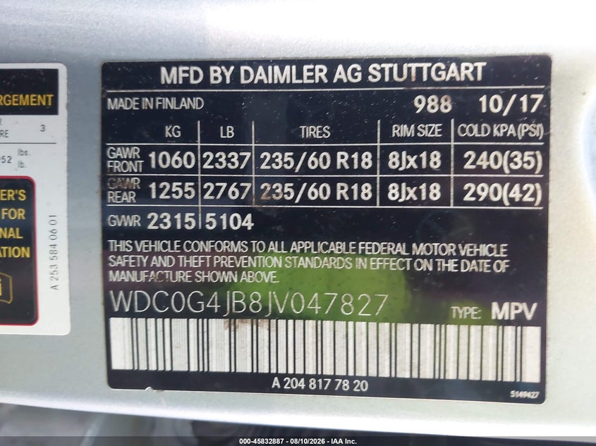 MERCEDES-BENZ GLC 2018 VIN WDC0G4JB8JV047827