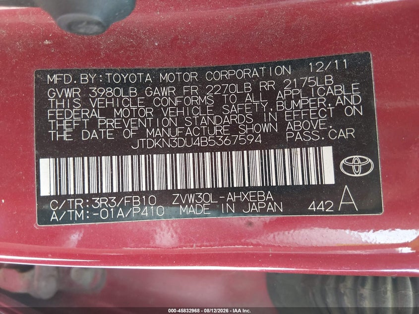 TOYOTA PRIUS 2011 VIN JTDKN3DU4B5367594