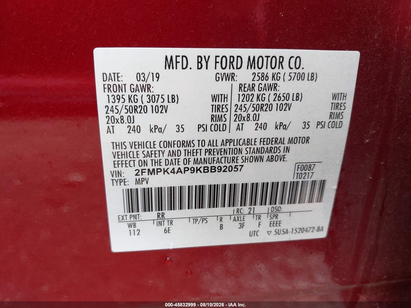 FORD EDGE 2019 VIN 2FMPK4AP9KBB92057