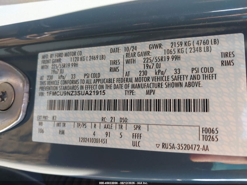 FORD ESCAPE 2025 VIN 1FMCU9NZ3SUA21915