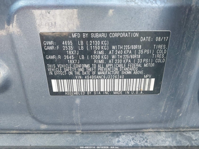 SUBARU OUTBACK 2018 VIN 4S4BSANC9J3226240