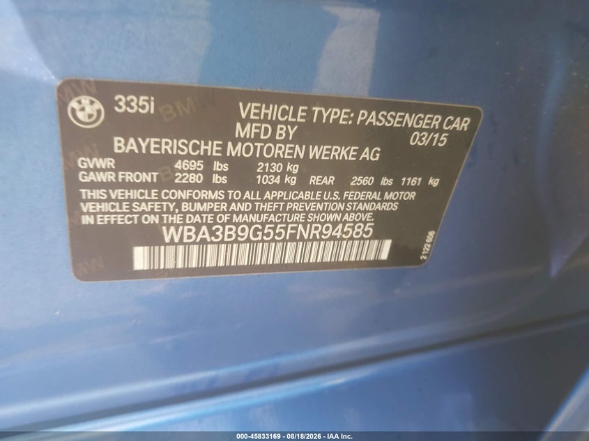 2015 BMW 3ER SEDAN 3.0L I-6 DI, DOHC, VVT, TURBO, 300HP