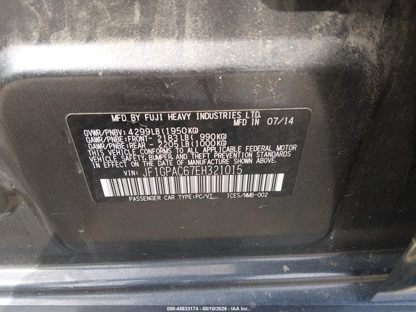 SUBARU IMPREZA 2014 VIN JF1GPAC67EH321015