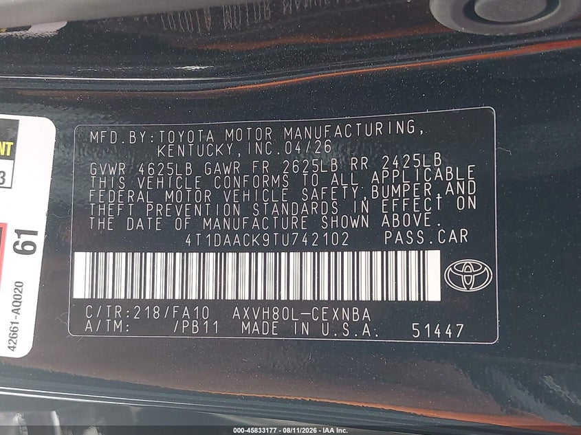 TOYOTA CAMRY 2026 VIN 4T1DAACK9TU742102