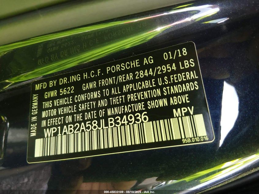 PORSCHE MACAN 2018 VIN WP1AB2A58JLB34936