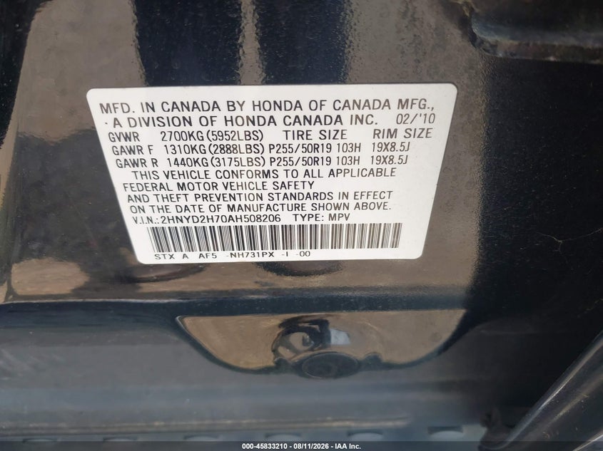 ACURA MDX 2010 VIN 2HNYD2H70AH508206