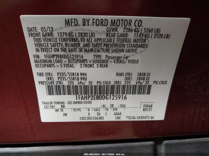 2013 FORD TAURUS SEDAN 3.5L V-6 DOHC, VVT, 288HP