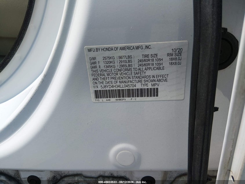 ACURA MDX 2020 VIN 5J8YD4H34LL045704