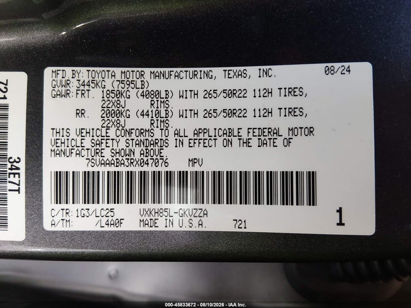 TOYOTA SEQUOIA 2024 VIN 7SVAAABA3RX047076