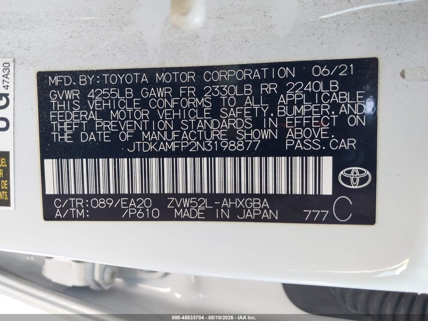 TOYOTA PRIUS PRIME 2022 VIN JTDKAMFP2N3198877