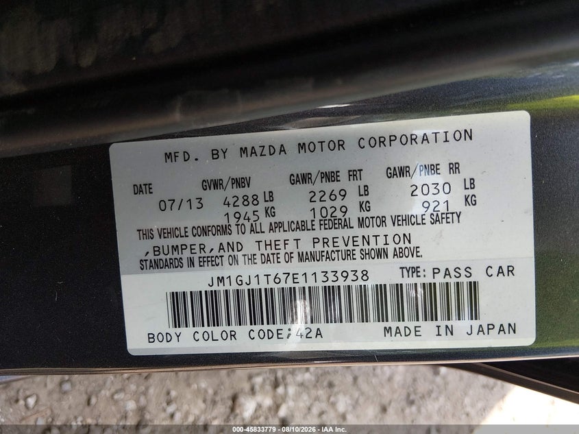 MAZDA MAZDA6 2014 VIN JM1GJ1T67E1133938