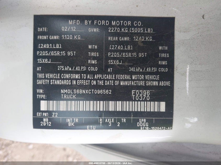 2012 FORD TRANSIT CONNECT VAN 2.0L I-4 DOHC, 136HP