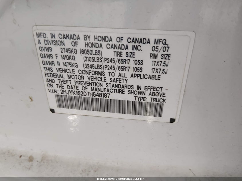 HONDA RIDGELINE 2007 VIN 2HJYK16207H548187