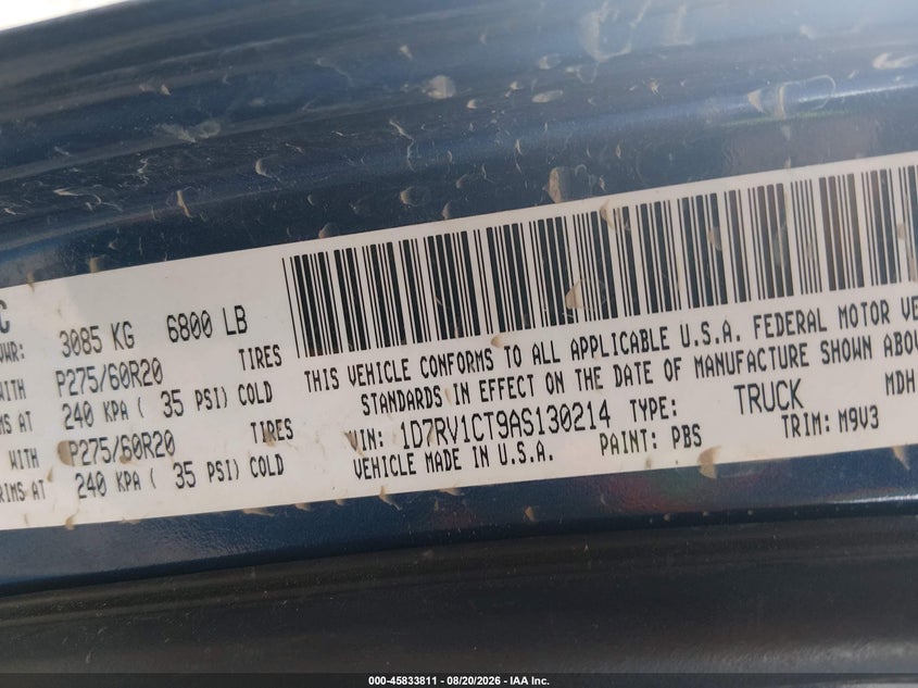 DODGE RAM 1500 2010 VIN 1D7RV1CT9AS130214
