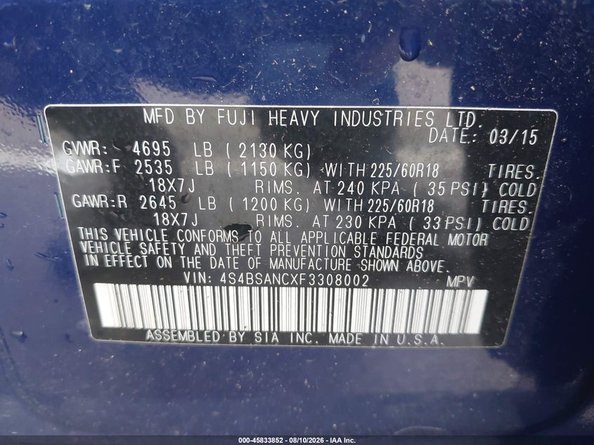 SUBARU OUTBACK 2015 VIN 4S4BSANCXF3308002