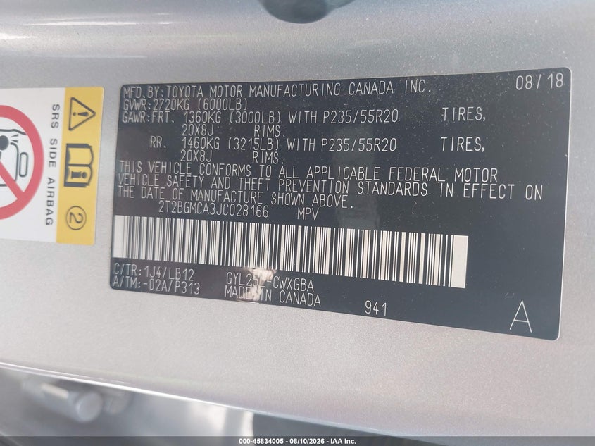 LEXUS RX 450H 2018 VIN 2T2BGMCA3JC028166