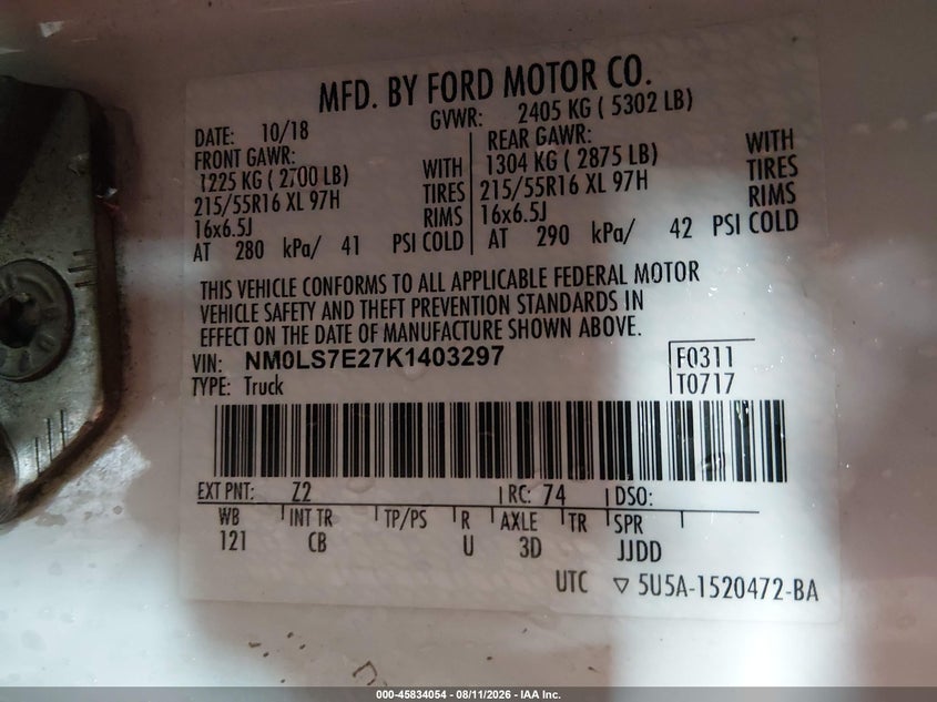 FORD TRANSIT CONNECT 2019 VIN NM0LS7E27K1403297