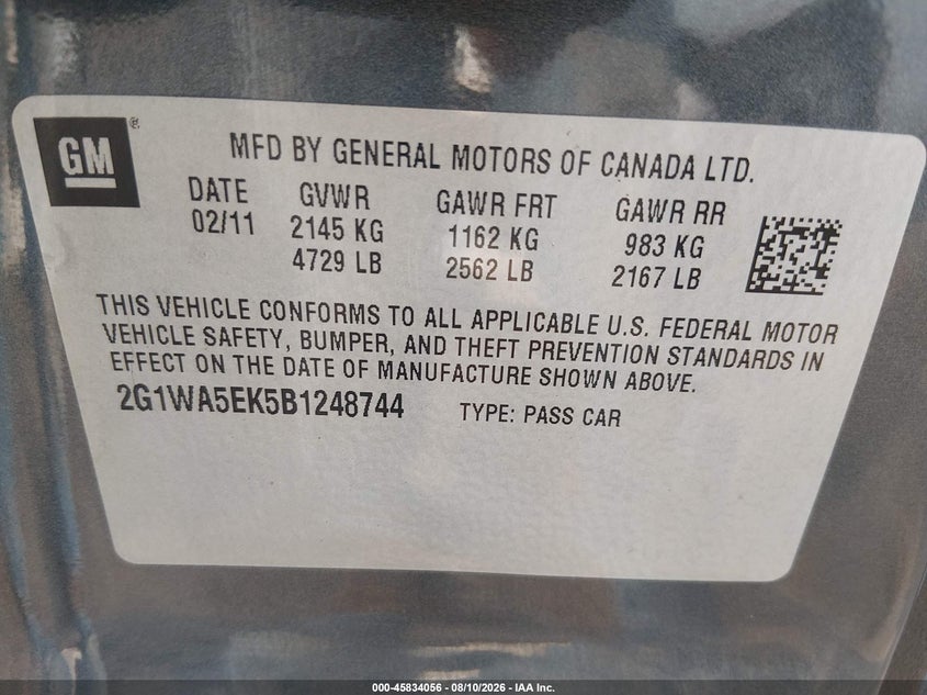 CHEVROLET IMPALA 2011 VIN 2G1WA5EK5B1248744