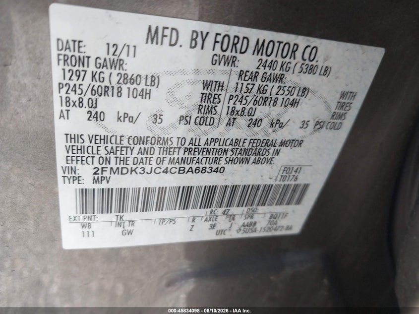 FORD EDGE 2012 VIN 2FMDK3JC4CBA68340