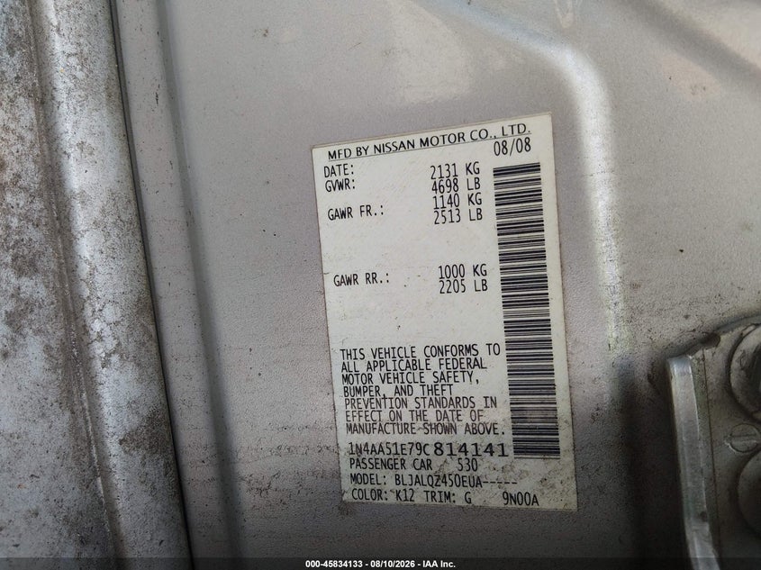 NISSAN MAXIMA 2009 VIN 1N4AA51E79C814141