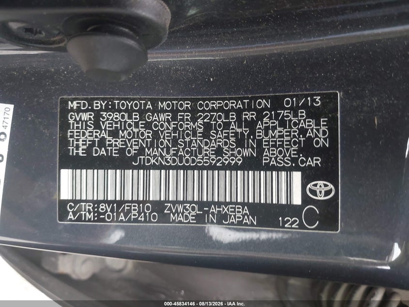 TOYOTA PRIUS 2013 VIN JTDKN3DU0D5592999