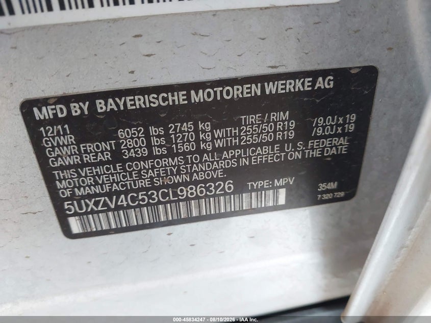 BMW X5 2012 VIN 5UXZV4C53CL986326