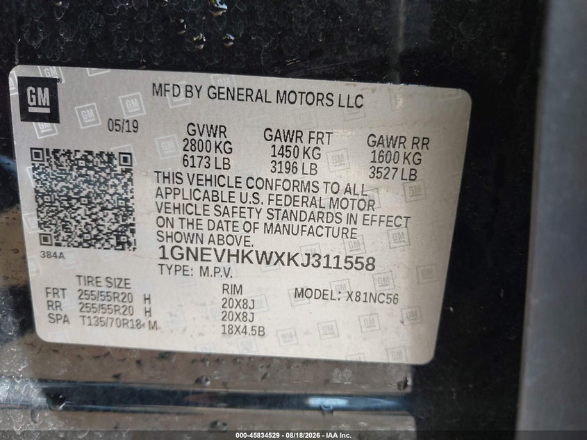 CHEVROLET TRAVERSE 2019 VIN 1GNEVHKWXKJ311558