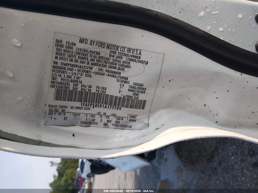 FORD TAURUS 2001 VIN 1FAFP58S91A177799