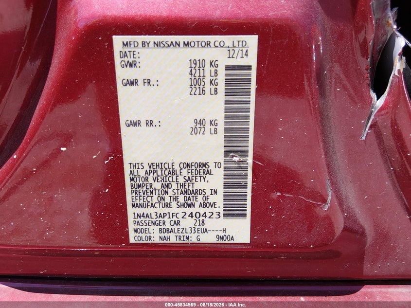 2015 NISSAN ALTIMA SEDAN 2.5L I-4 DOHC, VVT, 182HP