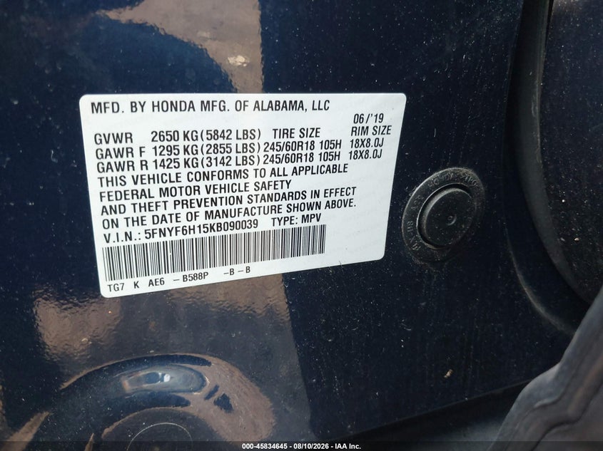 HONDA PILOT 2019 VIN 5FNYF6H15KB090039