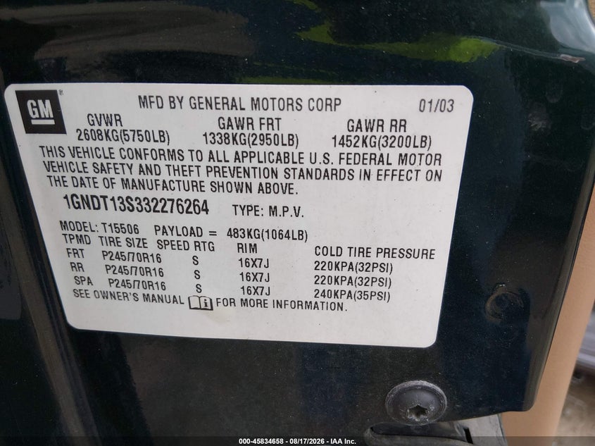CHEVROLET TRAILBLAZER 2003 VIN 1GNDT13S332276264