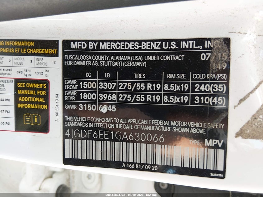 MERCEDES-BENZ GL 450 2016 VIN 4JGDF6EE1GA630066