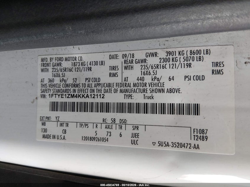 2019 FORD TRANSIT-150 VAN 3.7L V-6 DOHC, VVT, 275HP
