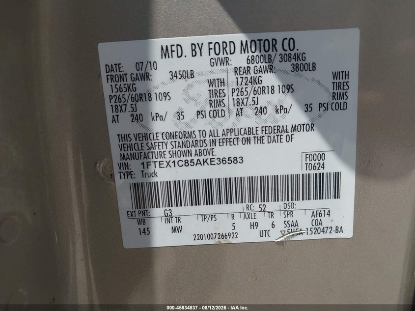 2010 FORD F-150 PICKUP 4.6L V-8 292HP