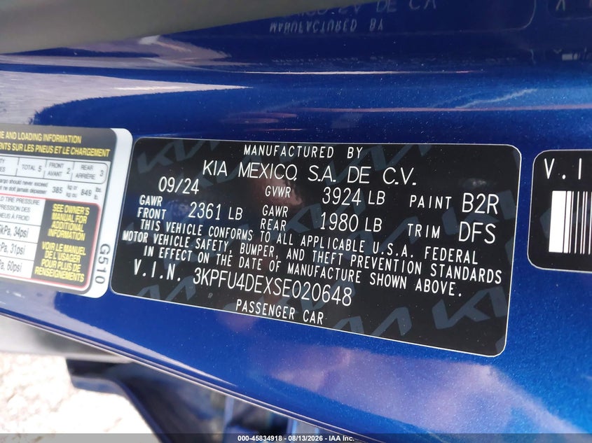 KIA K4 2025 VIN 3KPFU4DEXSE020648