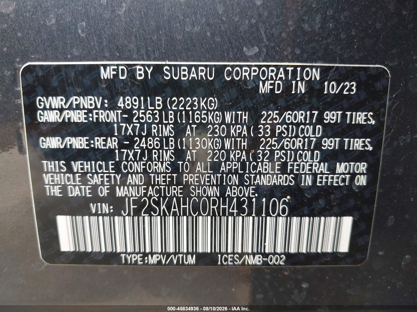 SUBARU FORESTER 2024 VIN JF2SKAHC0RH431106