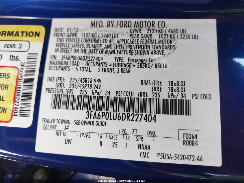 2013 FORD FUSION SEDAN 2.0L I-4 DOHC, IVCT VVT, 141HP