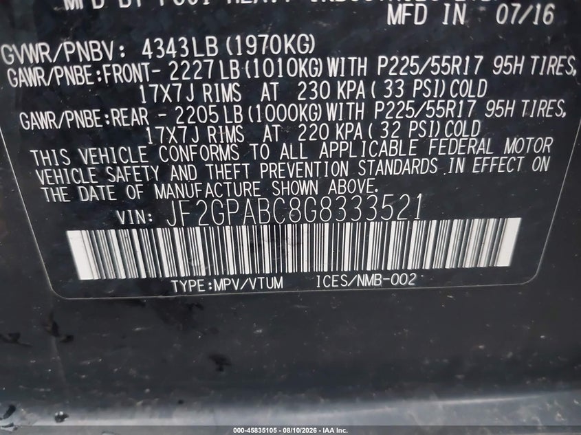2016 SUBARU XV SPORT UTILITY VEHICLE 2.0L H-4 DOHC, VVT, 148HP