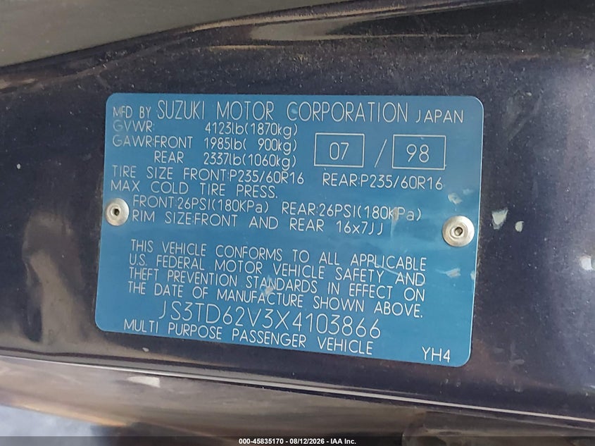 SUZUKI GRAND VITARA 1999 VIN JS3TD62V3X4103866