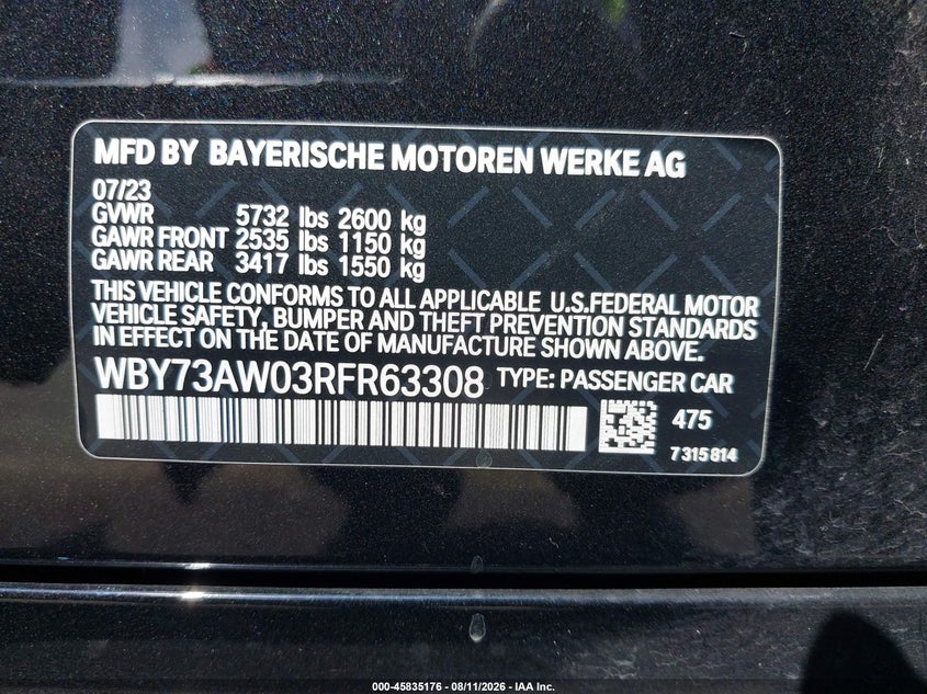 BMW I4 GRAN COUPE 2024 VIN WBY73AW03RFR63308