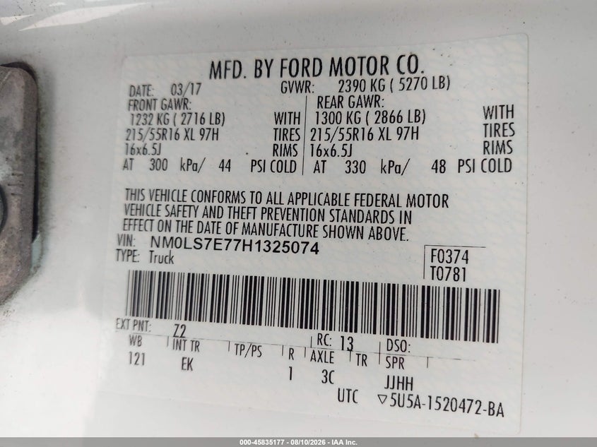 FORD TRANSIT CONNECT 2017 VIN NM0LS7E77H1325074