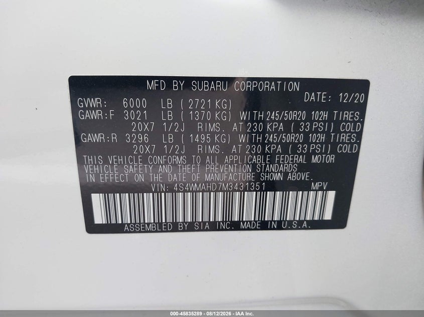 2021 Subaru Ascent(VIN: 4S4WMAHD7M3431351