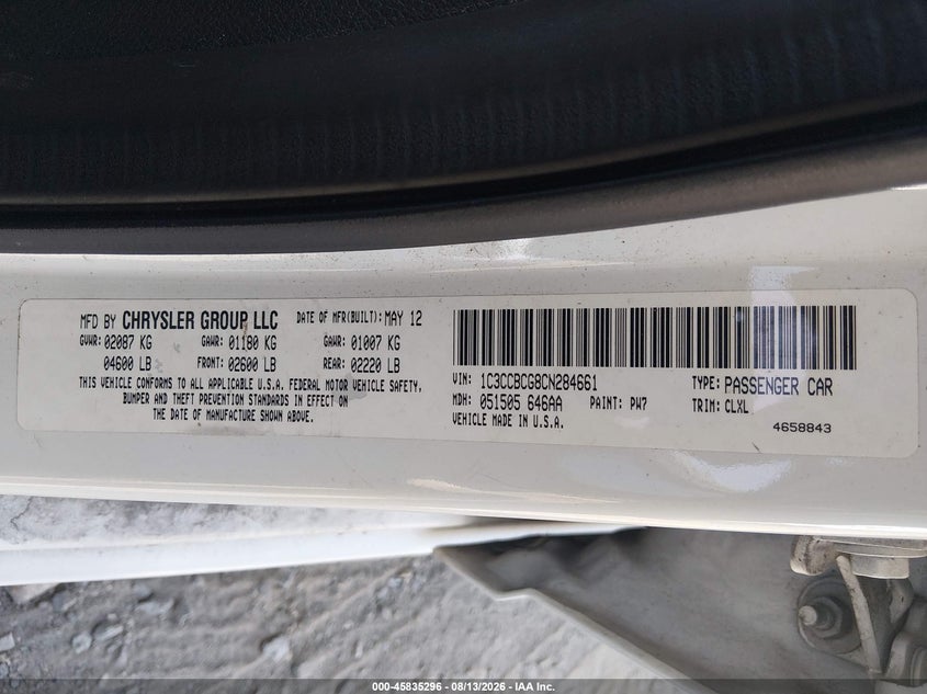 CHRYSLER 200 2012 VIN 1C3CCBCG8CN284661