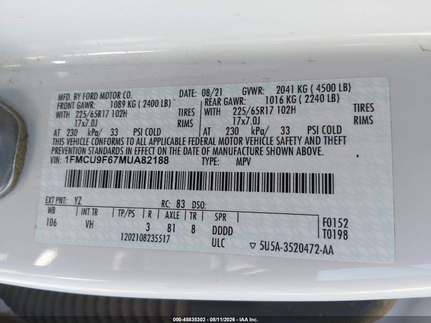 FORD ESCAPE 2021 VIN 1FMCU9F67MUA82188