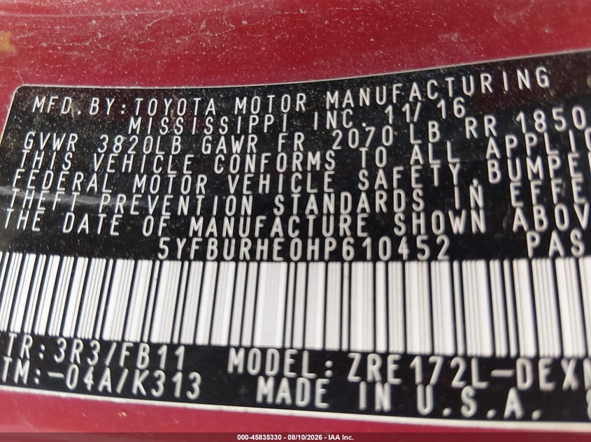 2017 TOYOTA COROLLA SEDAN 1.8L I-4 DOHC, VVT, 132HP