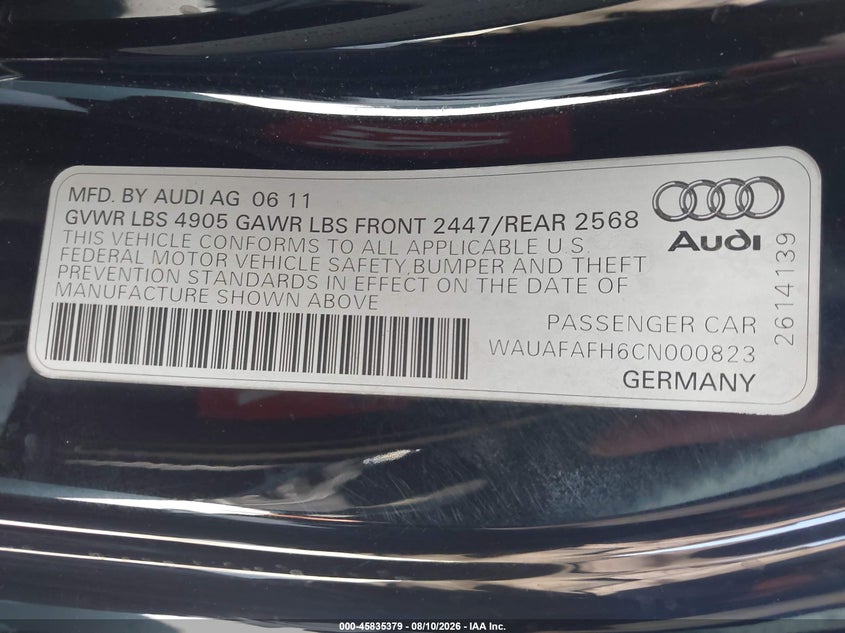 AUDI A5 2012 VIN WAUAFAFH6CN000823